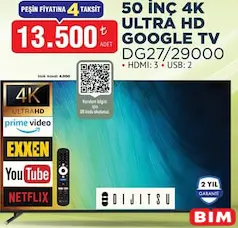DİJİTSU 50 İNÇ 4K ULTRA HD GOOGLE TV AKILLI TELEVİZYON DG27/29000 fiyat ve kampanya bilgisi